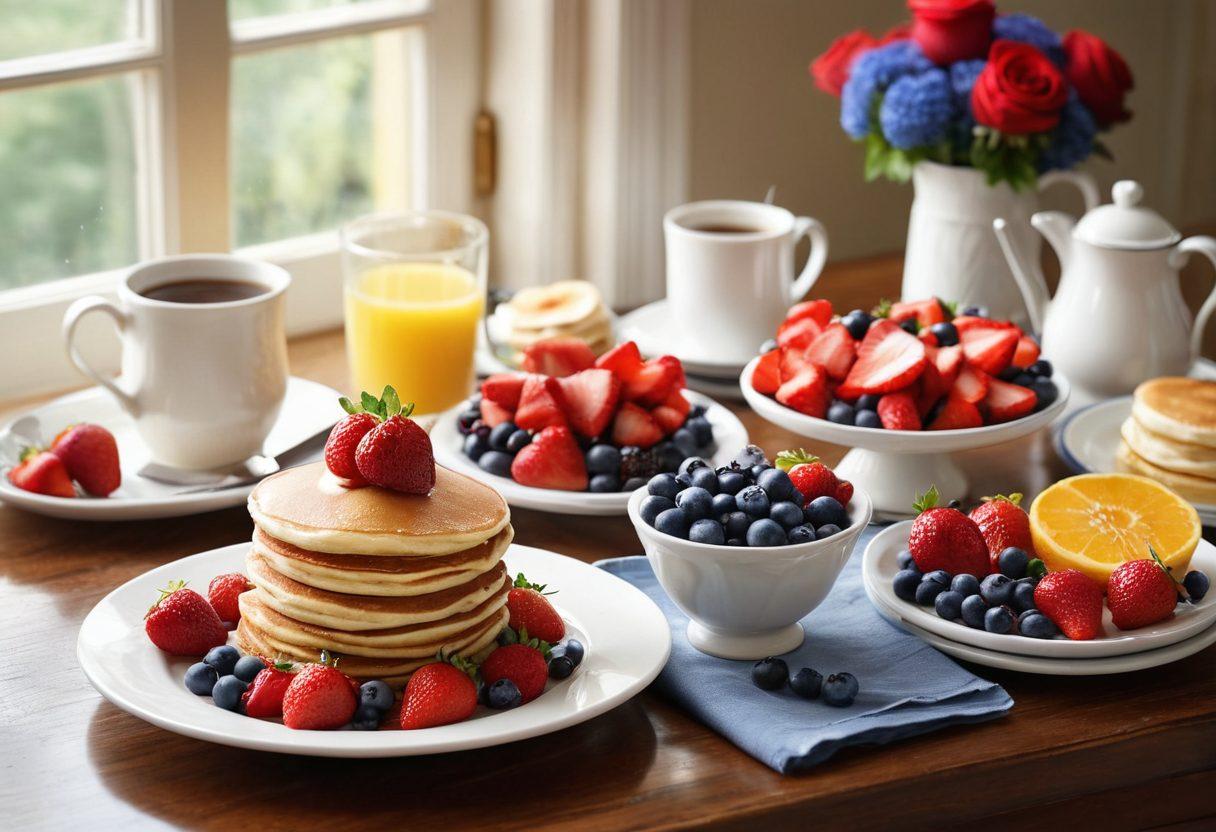 A delightful breakfast scene featuring a beautifully arranged table with an assortment of dishes including pancakes, fresh fruits, and gourmet coffee, transitioning into a vibrant dessert display with cakes, pastries, and ice cream that showcase a journey from breakfast to sweet treats. Soft morning light filtering through a window casts a warm glow over the meal. super-realistic. vibrant colors. cozy atmosphere.