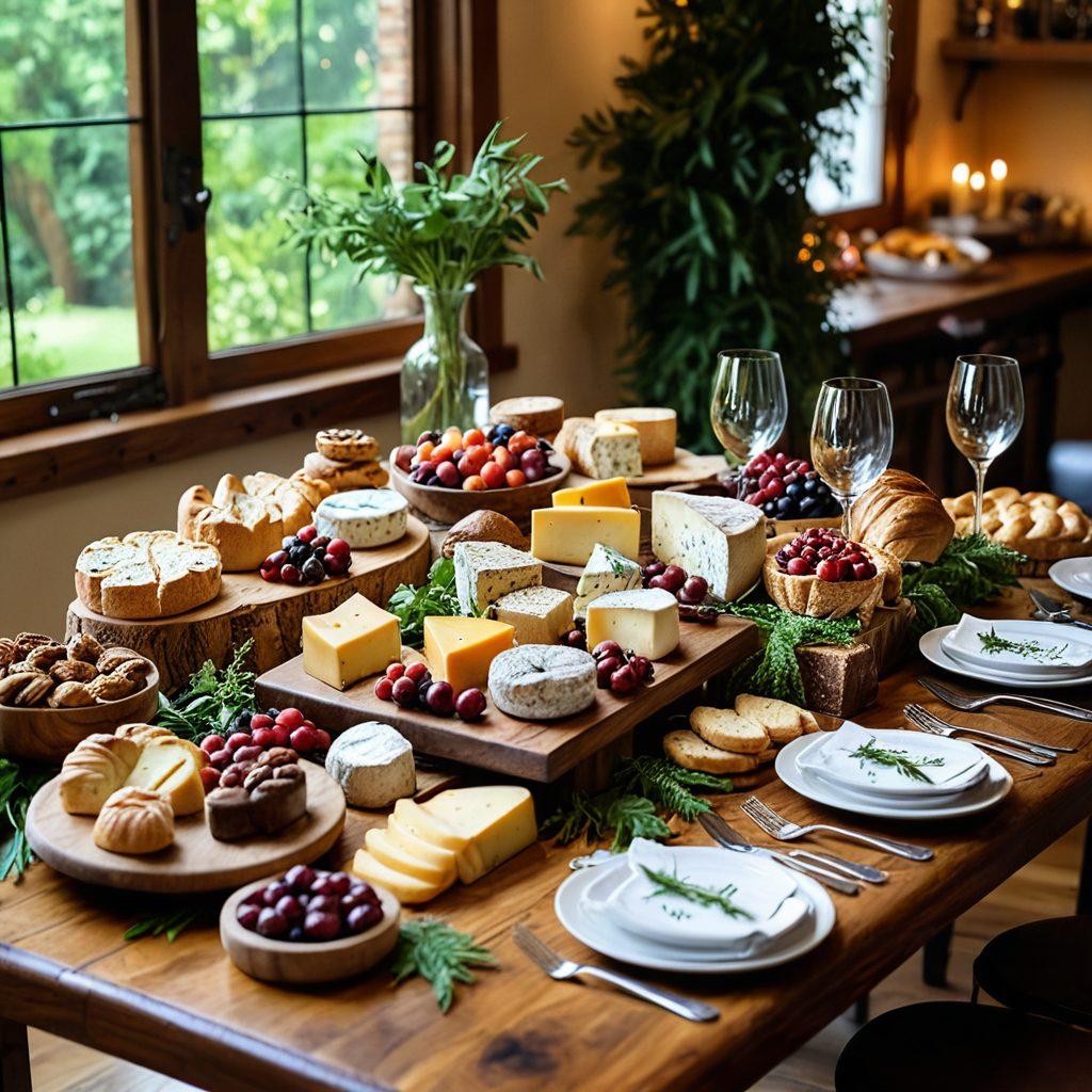 A beautifully arranged wooden table filled with an array of artisan treats like gourmet cheeses, fresh-baked breads, vibrant colorful pastries, and savory dishes. The setting is adorned with lush greenery and elegant glassware, enhancing the inviting atmosphere. Soft, warm lighting creates a cozy ambiance, perfect for a food lover's dream feast. super-realistic. vibrant colors. inviting atmosphere.