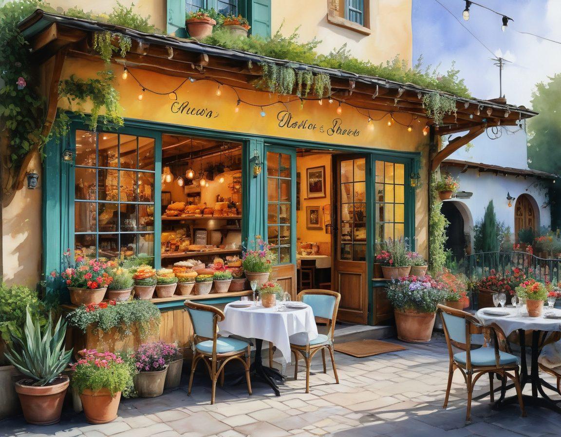 A cozy, inviting bistro scene with a beautiful outdoor patio decorated with fairy lights and potted plants. A table full of colorful, mouth-watering pastries and sweet treats displayed artfully, surrounded by happy diners enjoying their meals. The bistro should exude charm with rustic wooden furniture and a warm ambiance, set against a picturesque town backdrop. Emphasize the vibrant colors of the food and decor, creating a delightful atmosphere. watercolor painting. vibrant colors. whimsical style.